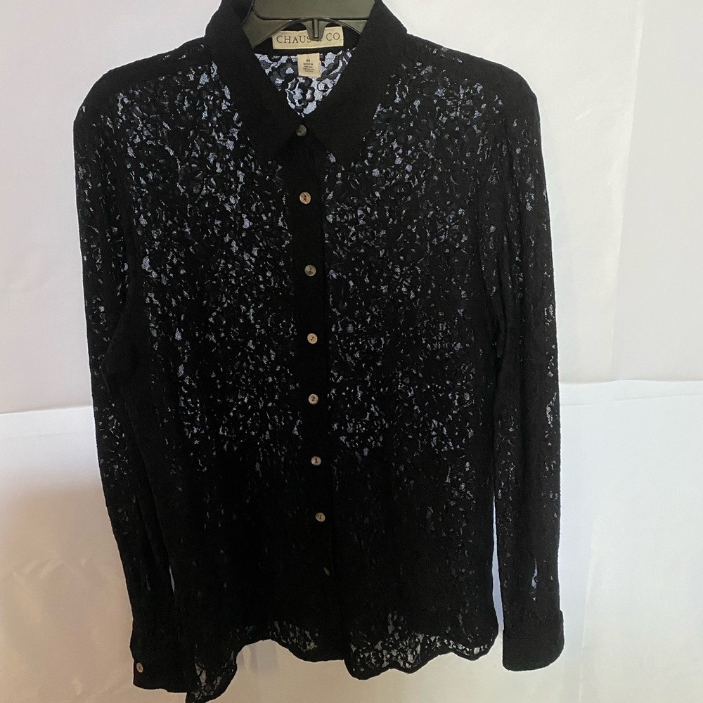 Black Lace Button Down Long Sleeve Top Med